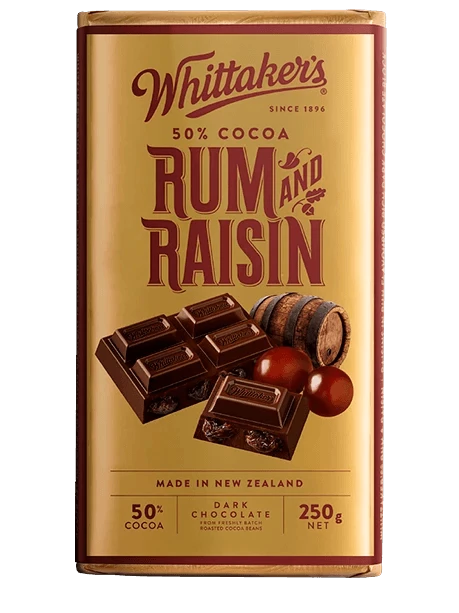 Joys Delights Lolly Shop Online Whittakers Rum & Raisin Block 250g Milk Chocolate
